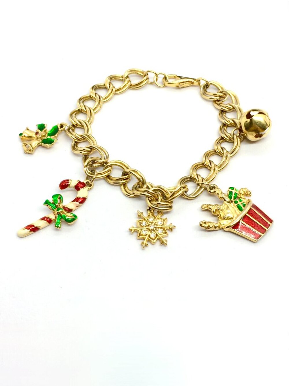 VINTAGE CHRISTMAS BRACELET Gold Tone Enamel Santa Candy Cane Bell Charms 90s